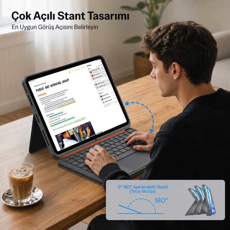 Bix IK02 Manyetik Ayrılabilir iPad için Touchpad’li Klavye Kılıfı Bluetooth 6.0 Type-C Şarjlı 7 Renk Aydınlatmalı Stant Özellikli Tablet Klavye Kılıfı Mor - 7