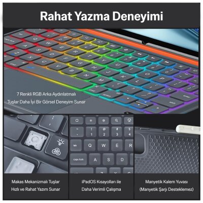 Bix IK02 Manyetik Ayrılabilir iPad için Touchpad’li Klavye Kılıfı Bluetooth 6.0 Type-C Şarjlı 7 Renk Aydınlatmalı Stant Özellikli Tablet Klavye Kılıfı Mor - 8