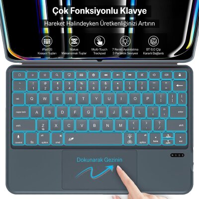 Bix IK02 Manyetik Ayrılabilir iPad için Touchpad’li Klavye Kılıfı Bluetooth 6.0 Type-C Şarjlı 7 Renk Aydınlatmalı Stant Özellikli Tablet Klavye Kılıfı Pembe - 6