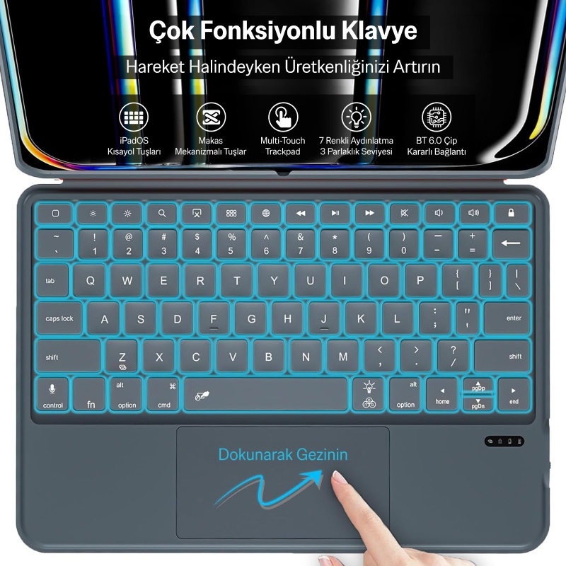 Bix IK02 Manyetik Ayrılabilir iPad için Touchpad’li Klavye Kılıfı Bluetooth 6.0 Type-C Şarjlı 7 Renk Aydınlatmalı Stant Özellikli Tablet Klavye Kılıfı Pembe - 6
