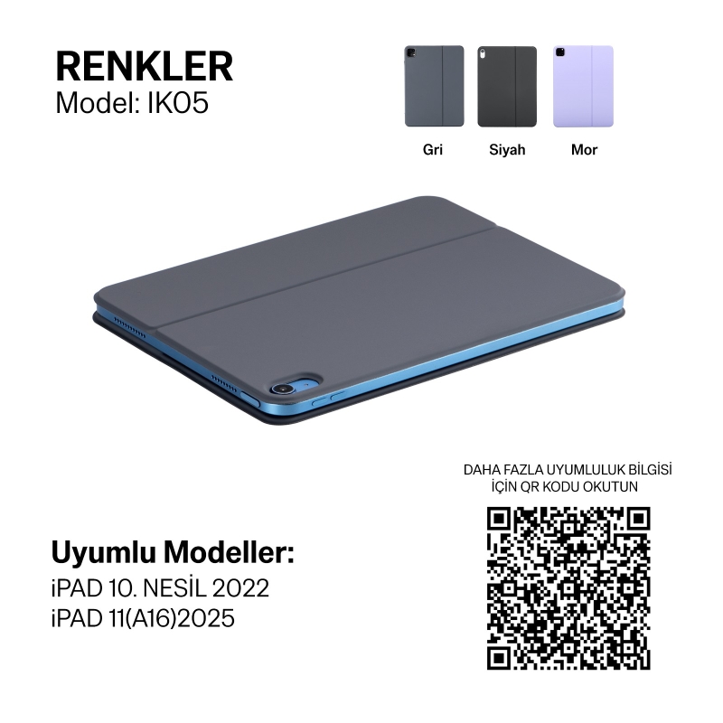 Bix IK05 Manyetik İpad Klavyeli Kılıf Bluetooth 5.3 Türkçe Q Klavye Değiştirilebilir Pilli Ultra İnce Çok Açılı Standlı Gri - 10