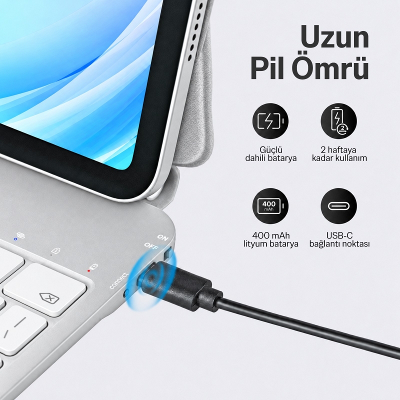 Bix IK06 Manyetik Bluetooth Klavyeli İpad Kılıfı, Dokunmatik Yüzeyli, 7 Renk Aydınlatmalı, İpad Air 10.9″/11″ İpad Pro 11″ Uyumlu Gümüş Beyaz - 3