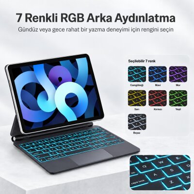 Bix IK06 Manyetik Bluetooth Klavyeli İpad Kılıfı, Dokunmatik Yüzeyli, 7 Renk Aydınlatmalı, İpad Air 10.9″/11″ İpad Pro 11″ Uyumlu Gümüş Beyaz - 4