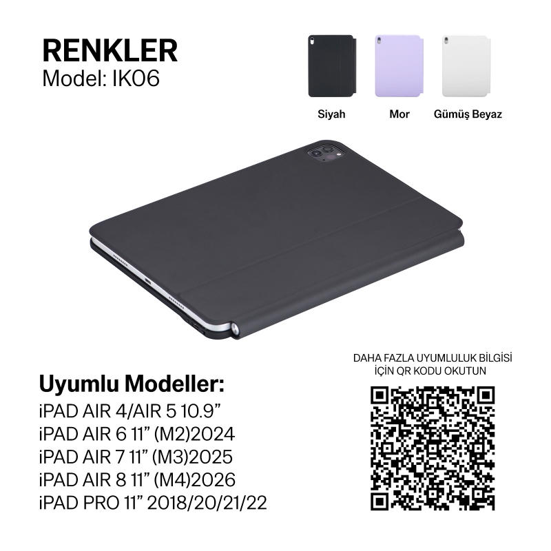 Bix IK06 Manyetik Bluetooth Klavyeli İpad Kılıfı, Dokunmatik Yüzeyli, 7 Renk Aydınlatmalı, İpad Air 10.9″/11″ İpad Pro 11″ Uyumlu Gümüş Beyaz - 7