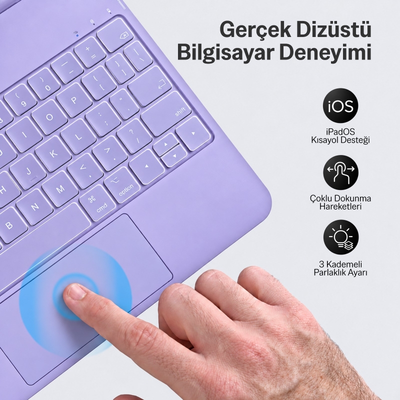 Bix IK07 Manyetik Bluetooth Klavyeli İpad Kılıfı Çoklu Dokunmatik Yüzeyli 7 Renk Aydınlatmalı İnce Tasarım İpad10. Nesil İpad 11 A16 Uyumlu Mor - 2