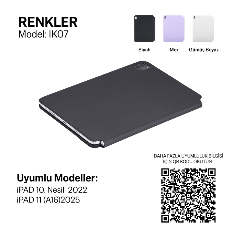 Bix IK07 Manyetik Bluetooth Klavyeli İpad Kılıfı Çoklu Dokunmatik Yüzeyli 7 Renk Aydınlatmalı İnce Tasarım İpad10. Nesil İpad 11 A16 Uyumlu Siyah - 7