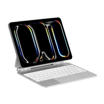 Bix IK08 Manyetik Bluetooth Klavyeli İpad Kılıfı Çoklu Dokunmatik Yüzeyli 3 Kademeli Arka Aydınlatmalı İpad Air İpad Pro Uyumlu Beyaz Gümüş - Bix