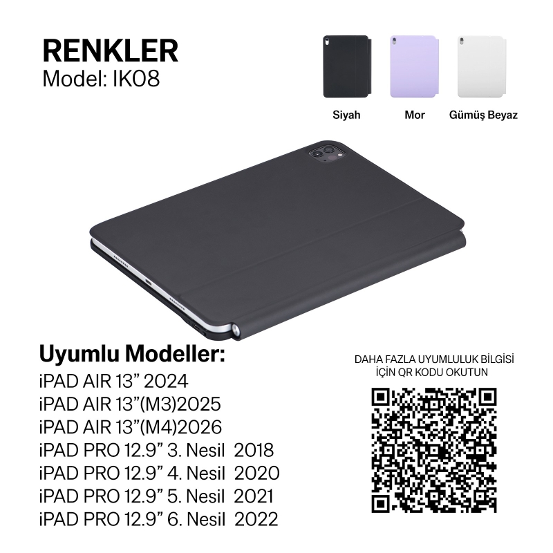 Bix IK08 Manyetik Bluetooth Klavyeli İpad Kılıfı Çoklu Dokunmatik Yüzeyli 3 Kademeli Arka Aydınlatmalı İpad Air İpad Pro Uyumlu Beyaz Gümüş - 7