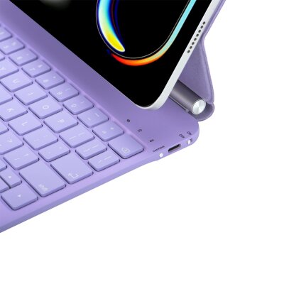 Bix IK08 Manyetik Bluetooth Klavyeli İpad Kılıfı Çoklu Dokunmatik Yüzeyli 3 Kademeli Arka Aydınlatmalı İpad Air İpad Pro Uyumlu Mor - 14