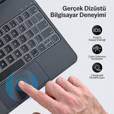 Bix IK08P Manyetik Bluetooth Klavyeli İpad Kılıfı Çoklu Dokunmatik Yüzeyli 3 Kademeli Arka Aydınlatmalı iPad Pro Uyumlu Siyah - 2