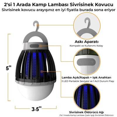 Bix KL01 Şarj Edilebilir Sivrisinek Kovucu Kamp Lambası Ultraviyole LED Elektronik Zapper Taşınabilir Fenerli IPX6 Su Geçirmez Böcek Kovucu Siyah - 2