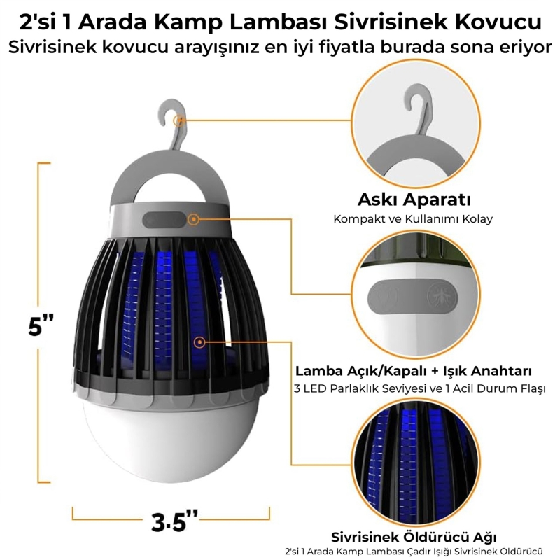 Bix KL01 Şarj Edilebilir Sivrisinek Kovucu Kamp Lambası Ultraviyole LED Elektronik Zapper Taşınabilir Fenerli IPX6 Su Geçirmez Böcek Kovucu Siyah - 2