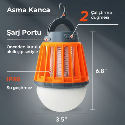 Bix KL01 Şarj Edilebilir Sivrisinek Kovucu Kamp Lambası Ultraviyole LED Elektronik Zapper Taşınabilir Fenerli IPX6 Su Geçirmez Böcek Kovucu Turuncu - 3