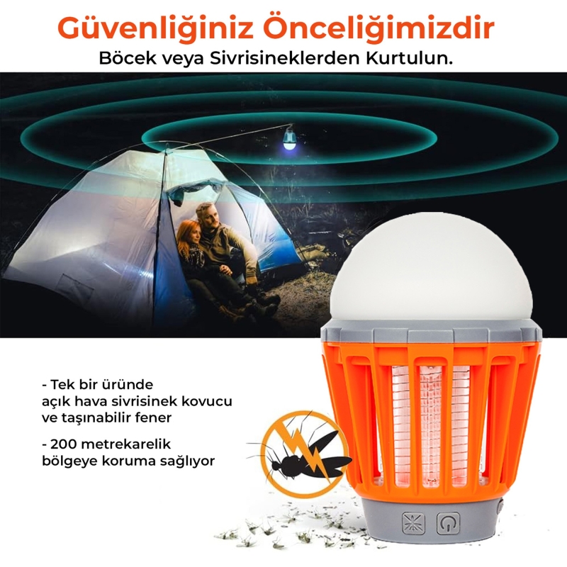 Bix KL01 Şarj Edilebilir Sivrisinek Kovucu Kamp Lambası Ultraviyole LED Elektronik Zapper Taşınabilir Fenerli IPX6 Su Geçirmez Böcek Kovucu Turuncu - 6
