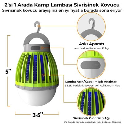 Bix KL01 Şarj Edilebilir Sivrisinek Kovucu Kamp Lambası Ultraviyole LED Elektronik Zapper Taşınabilir Fenerli IPX6 Su Geçirmez Böcek Kovucu Yeşil - 2