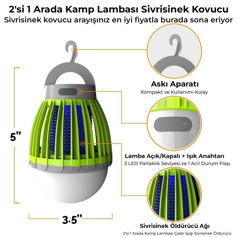 Bix KL01 Şarj Edilebilir Sivrisinek Kovucu Kamp Lambası Ultraviyole LED Elektronik Zapper Taşınabilir Fenerli IPX6 Su Geçirmez Böcek Kovucu Yeşil - 2