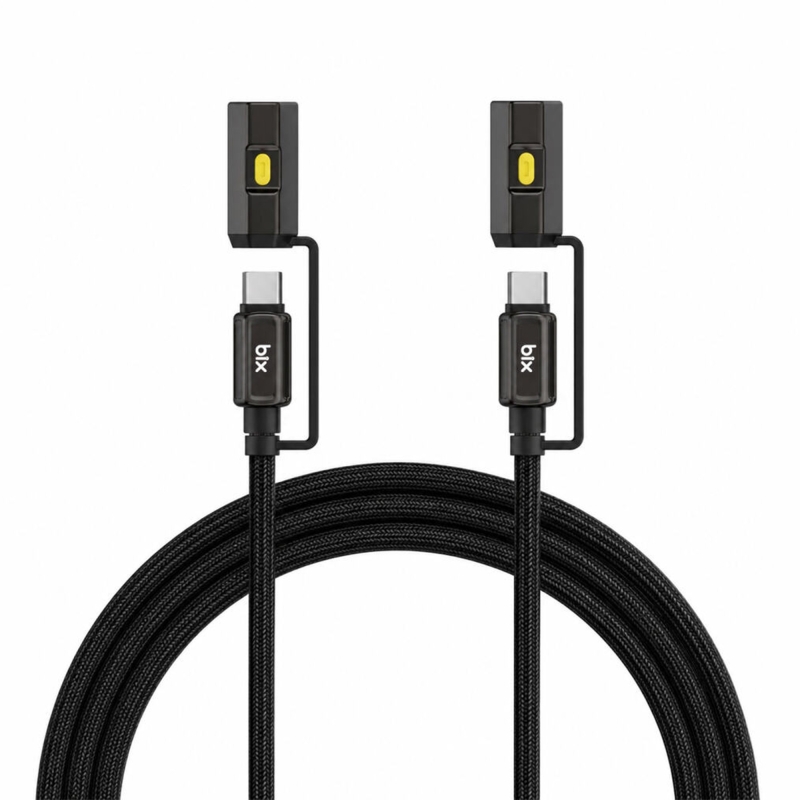 Bix T2IN1C 240W LED Fener ve Alevsiz Çakmak Fonksiyonlu Type-C to Type-C Şarj ve Data Kablosu 1.2 Metre Siyah - 1