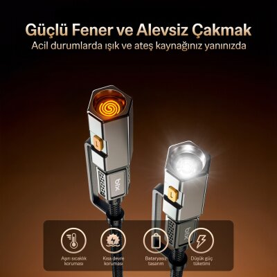 Bix T2IN1C 240W LED Fener ve Alevsiz Çakmak Fonksiyonlu Type-C to Type-C Şarj ve Data Kablosu 1.2 Metre Siyah - 4