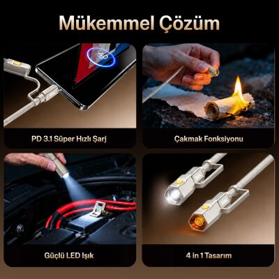Bix T2IN1C 240W LED Fener ve Alevsiz Çakmak Fonksiyonlu Type-C to Type-C Şarj ve Data Kablosu 1.2 Metre Siyah - 6