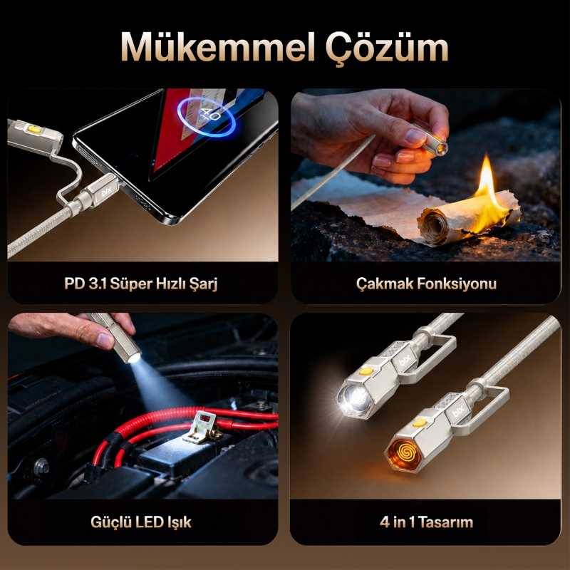 Bix T2IN1C 240W LED Fener ve Alevsiz Çakmak Fonksiyonlu Type-C to Type-C Şarj ve Data Kablosu 1.2 Metre Siyah - 6