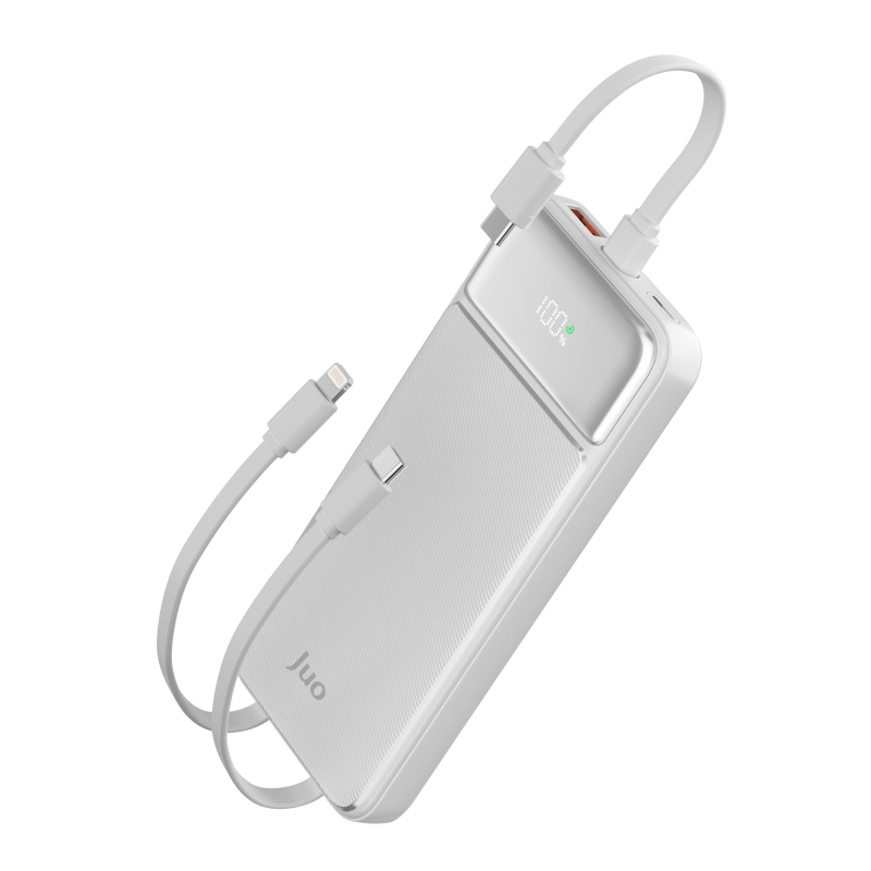 Juo 10000mAh 22.5W Led Ekranlı Lightning ve Type-C Kablolu Powerbank Taşınabilir Hızlı Şarj Cihazı Beyaz - 1