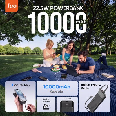 Juo 10000mAh 22.5W Led Ekranlı Lightning ve Type-C Kablolu Powerbank Taşınabilir Hızlı Şarj Cihazı Siyah - 2