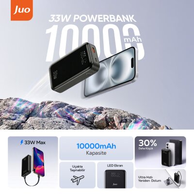 Juo 10000mAh 33W LED Watt Amper Göstergeli USB-A + Type-C Powerbank Taşınabilir Hızlı Şarj Cihazı - 2
