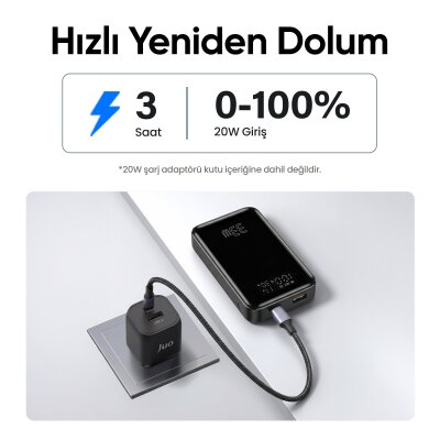 Juo 10000mAh 33W LED Watt Amper Göstergeli USB-A + Type-C Powerbank Taşınabilir Hızlı Şarj Cihazı - 5