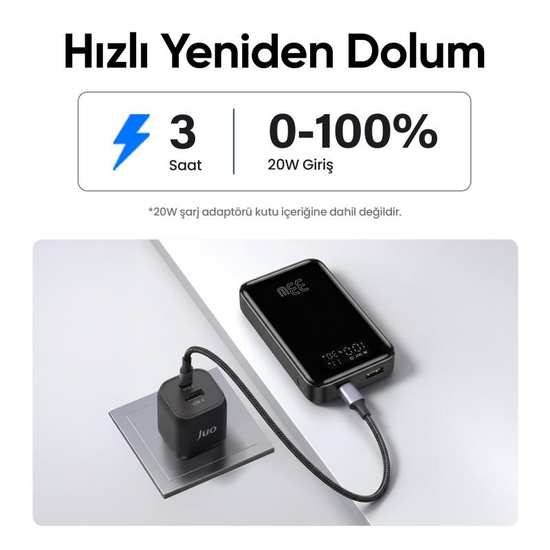 Juo 10000mAh 33W LED Watt Amper Göstergeli USB-A + Type-C Powerbank Taşınabilir Hızlı Şarj Cihazı - 5