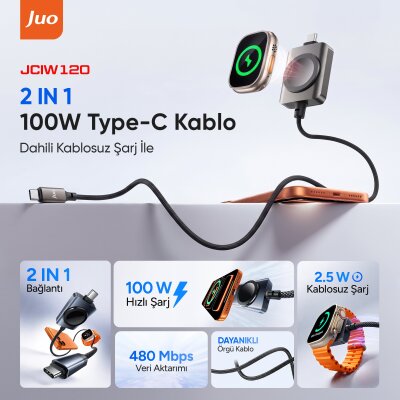 Juo 100W Type-C to Type-C Hızlı Şarj Kablosu Apple Watch Uyumlu Manyetik Şarj Özellikli 2'si 1 Arada Kablo 1.2 Metre - 2