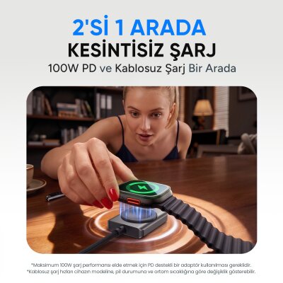 Juo 100W Type-C to Type-C Hızlı Şarj Kablosu Apple Watch Uyumlu Manyetik Şarj Özellikli 2'si 1 Arada Kablo 1.2 Metre - 3