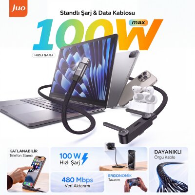 Juo 100W Type-C to Type-C Hızlı Şarj Kablosu Katlanabilir Standlı E-Mark Çipli Örgülü 1.2 Metre Kablo - 2