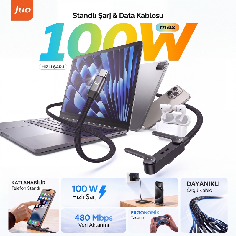 Juo 100W Type-C to Type-C Hızlı Şarj Kablosu Katlanabilir Standlı E-Mark Çipli Örgülü 1.2 Metre Kablo - 2