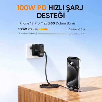 Juo 100W Type-C to Type-C Hızlı Şarj Kablosu Katlanabilir Standlı E-Mark Çipli Örgülü 1.2 Metre Kablo - 3