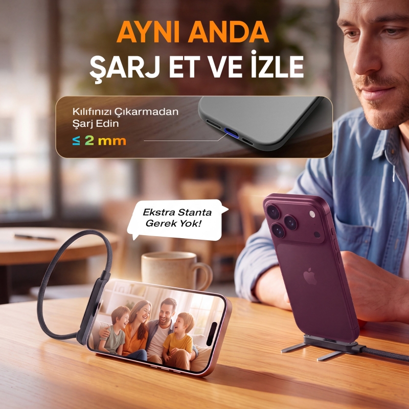 Juo 100W Type-C to Type-C Hızlı Şarj Kablosu Katlanabilir Standlı E-Mark Çipli Örgülü 1.2 Metre Kablo - 4