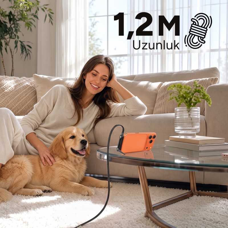 Juo 100W Type-C to Type-C Hızlı Şarj Kablosu Katlanabilir Standlı E-Mark Çipli Örgülü 1.2 Metre Kablo - 6