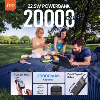 Juo 20000mAh 22.5W Led Ekranlı Lightning ve Type-C Kablolu Powerbank Taşınabilir Hızlı Şarj Cihazı Beyaz - 2