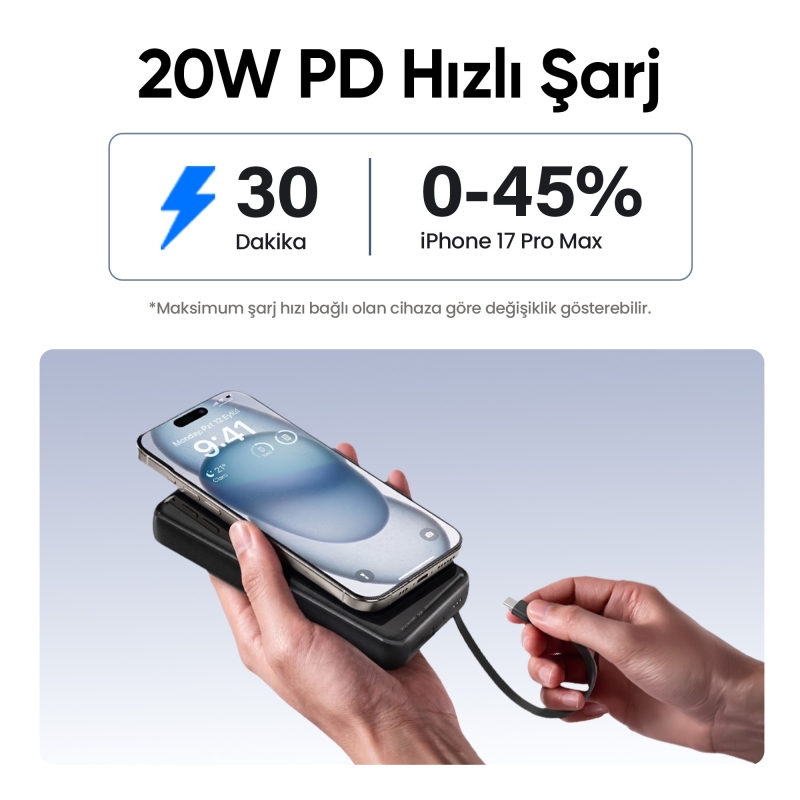 Juo 20000mAh 22.5W Led Ekranlı Lightning ve Type-C Kablolu Powerbank Taşınabilir Hızlı Şarj Cihazı Beyaz - 4