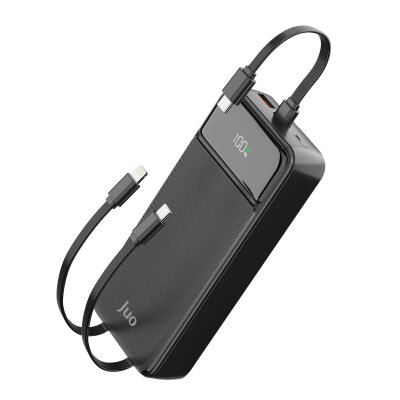 Juo 20000mAh 22.5W Led Ekranlı Lightning ve Type-C Kablolu Powerbank Taşınabilir Hızlı Şarj Cihazı Siyah - Juo