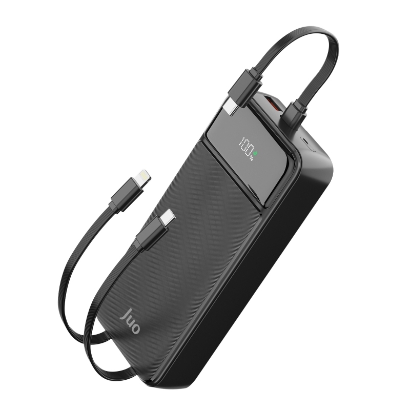 Juo 20000mAh 22.5W Led Ekranlı Lightning ve Type-C Kablolu Powerbank Taşınabilir Hızlı Şarj Cihazı Siyah - 1