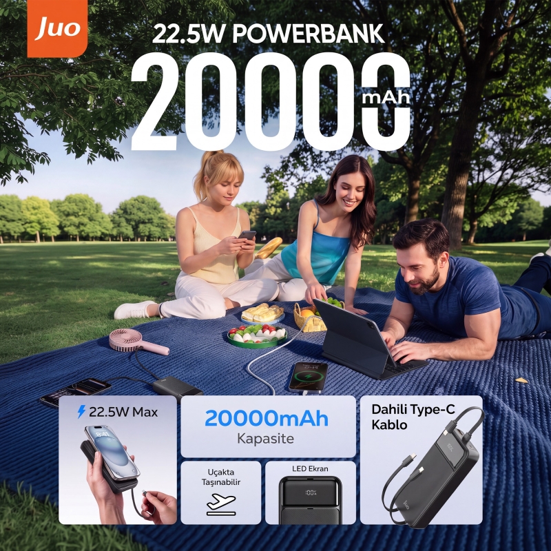 Juo 20000mAh 22.5W Led Ekranlı Lightning ve Type-C Kablolu Powerbank Taşınabilir Hızlı Şarj Cihazı Siyah - 2