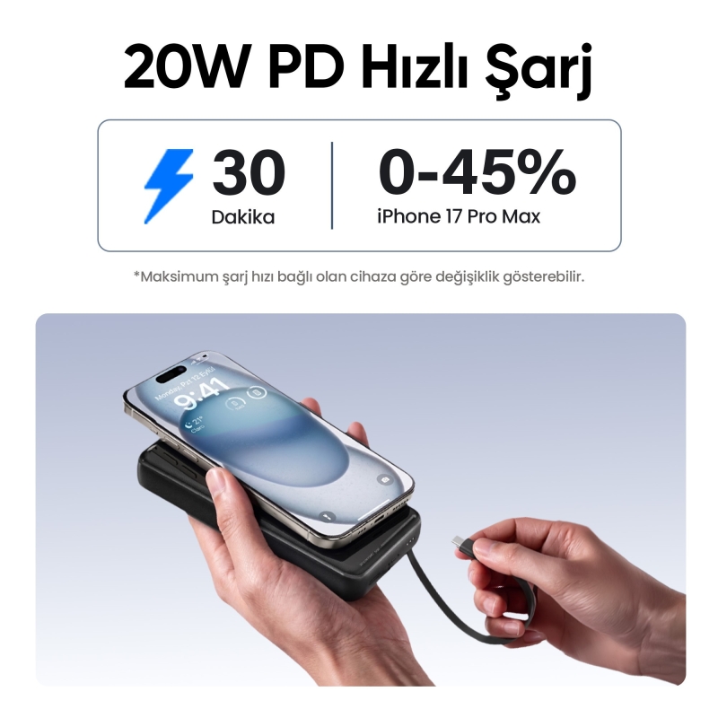 Juo 20000mAh 22.5W Led Ekranlı Lightning ve Type-C Kablolu Powerbank Taşınabilir Hızlı Şarj Cihazı Siyah - 4