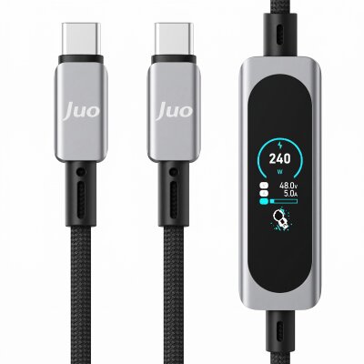 Juo 240W Type-C to Type-C Dijital TFT Ekranlı E-Mark Çipli Örgülü Hızlı Şarj Kablosu 1.2 Metre - Juo