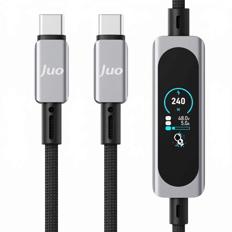 Juo 240W Type-C to Type-C Dijital TFT Ekranlı E-Mark Çipli Örgülü Hızlı Şarj Kablosu 1.2 Metre - 1