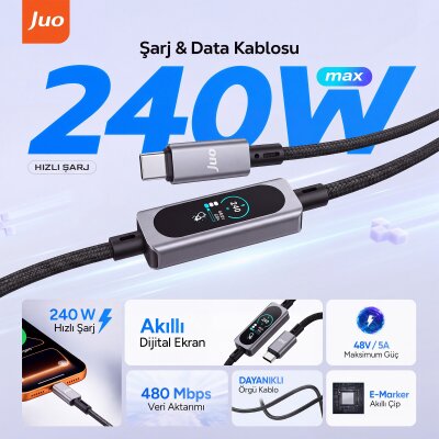 Juo 240W Type-C to Type-C Dijital TFT Ekranlı E-Mark Çipli Örgülü Hızlı Şarj Kablosu 1.2 Metre - 2
