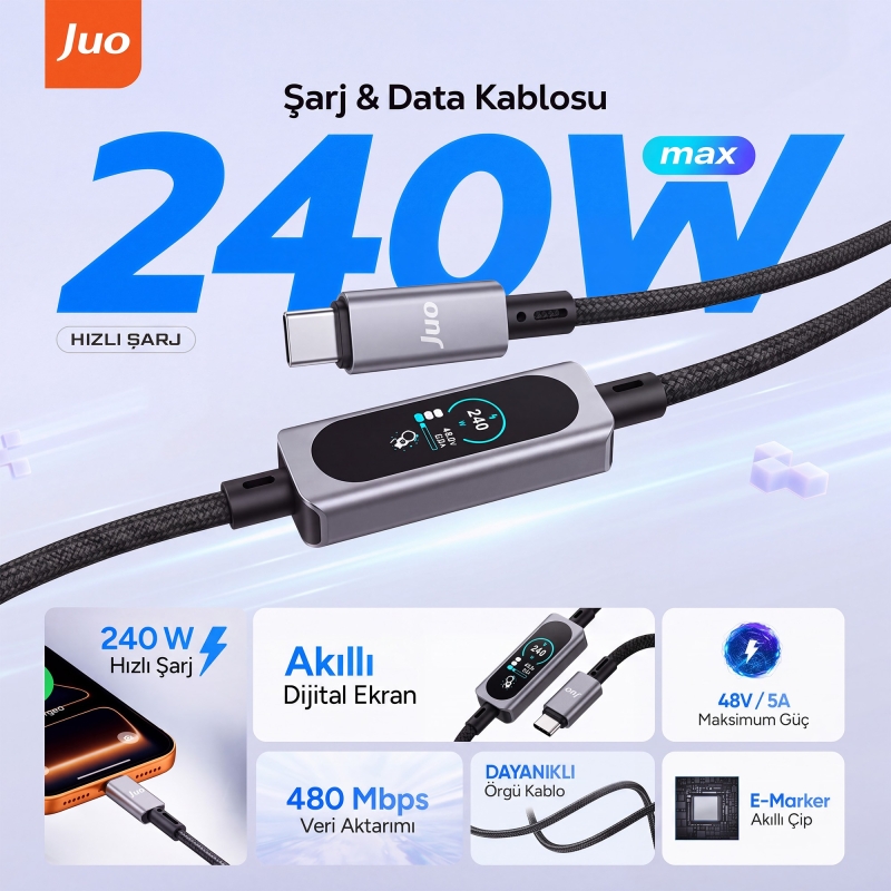 Juo 240W Type-C to Type-C Dijital TFT Ekranlı E-Mark Çipli Örgülü Hızlı Şarj Kablosu 1.2 Metre - 2