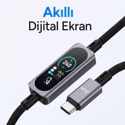 Juo 240W Type-C to Type-C Dijital TFT Ekranlı E-Mark Çipli Örgülü Hızlı Şarj Kablosu 1.2 Metre - 5