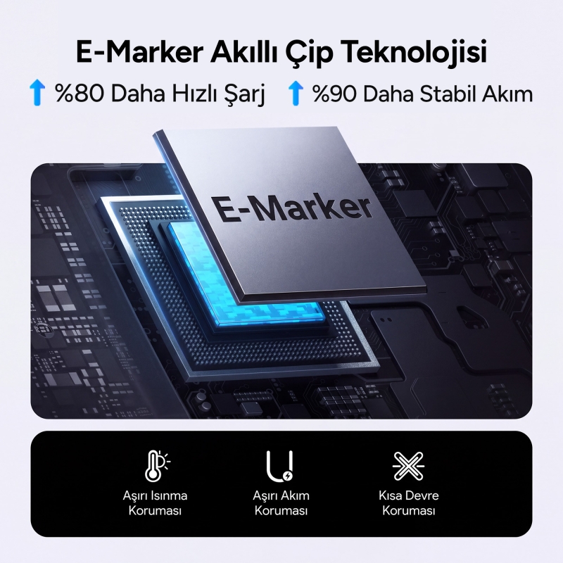 Juo 240W Type-C to Type-C Dijital TFT Ekranlı E-Mark Çipli Örgülü Hızlı Şarj Kablosu 1.2 Metre - 6