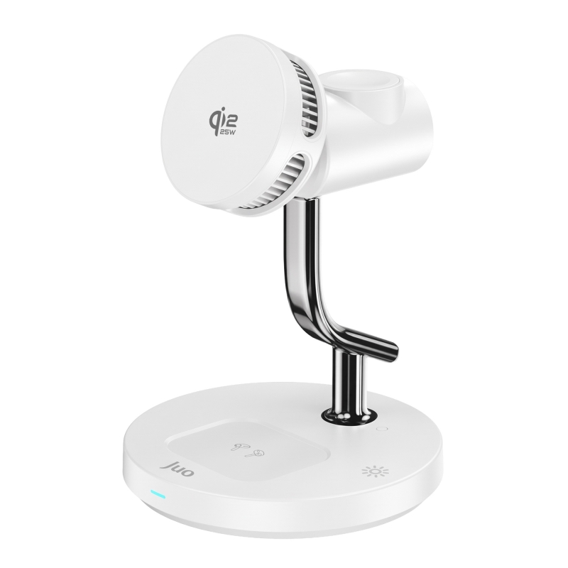 Juo 25W Qi2 iPhone Apple Watch Airpods Magsafe Uyumlu Manyetik Kablosuz Şarj İstasyonu Soğutucu Fanlı LED Işıklı Masaüstü Şarj Standı Beyaz - 1