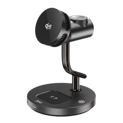 Juo 25W Qi2 iPhone Apple Watch Airpods Magsafe Uyumlu Manyetik Kablosuz Şarj İstasyonu Soğutucu Fanlı LED Işıklı Masaüstü Şarj Standı Siyah - Juo